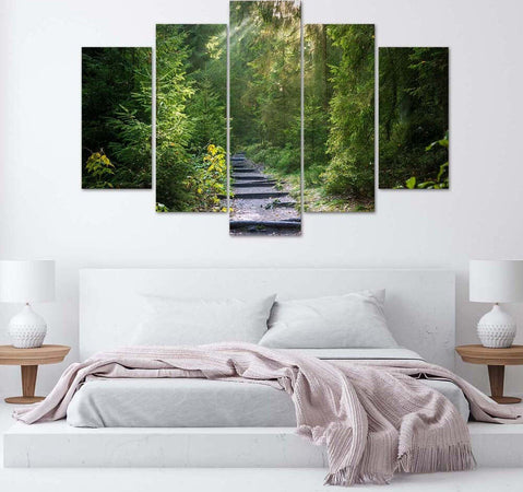 Quadri-Quadro-5-pezzi-Stampa-su-tela-Foresta-Natura-Paesaggio-verde