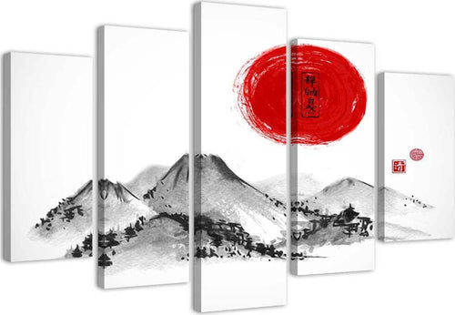 Quadri-Quadro-5-pezzi-Stampa-su-tela-Giappone-Montagne-Sole