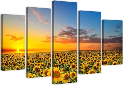 Quadri-Quadro-5-pezzi-Stampa-su-tela-Girasoli-al-tramonto