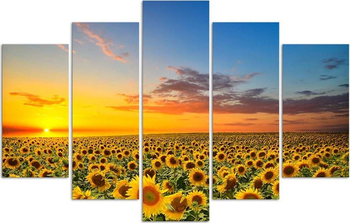 Quadri-Quadro-5-pezzi-Stampa-su-tela-Girasoli-al-tramonto