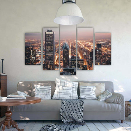 Quadri-Quadro-5-pezzi-Stampa-su-tela-Grattacielo-città-notte