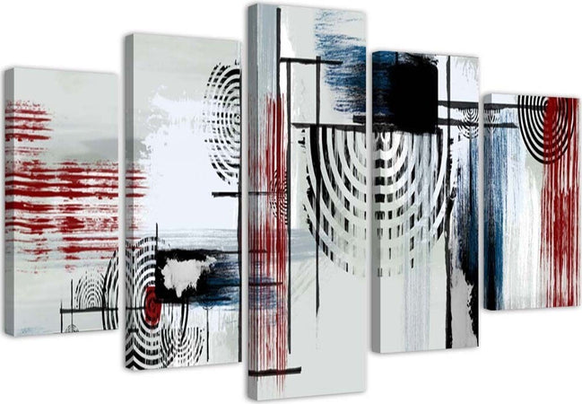 Quadri-Quadro-5-pezzi-Stampa-su-tela-Grigio-astratto-rosso