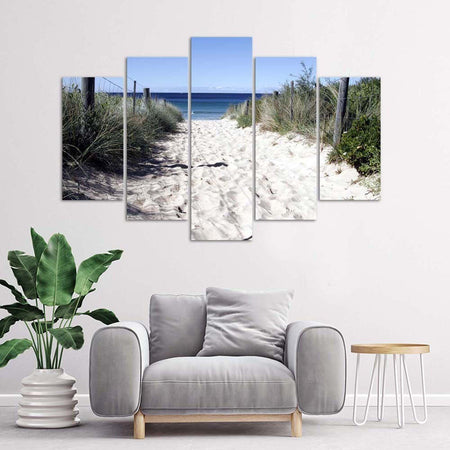 Quadri-Quadro-5-pezzi-Stampa-su-tela-Mare-Spiaggia-Sabbia-Erba