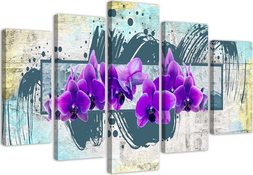 Quadri-Quadro-5-pezzi-Stampa-su-tela-Orchidea-fiore-viola
