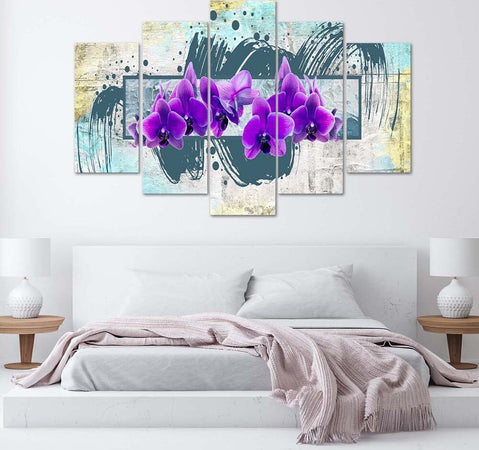 Quadri-Quadro-5-pezzi-Stampa-su-tela-Orchidea-fiore-viola