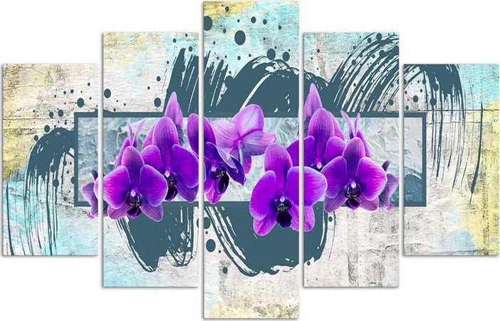 Quadri-Quadro-5-pezzi-Stampa-su-tela-Orchidea-fiore-viola