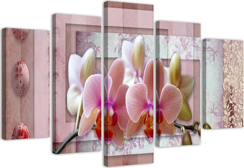 Quadri-Quadro-5-pezzi-Stampa-su-tela-Orchidee-a-fiore-rosa