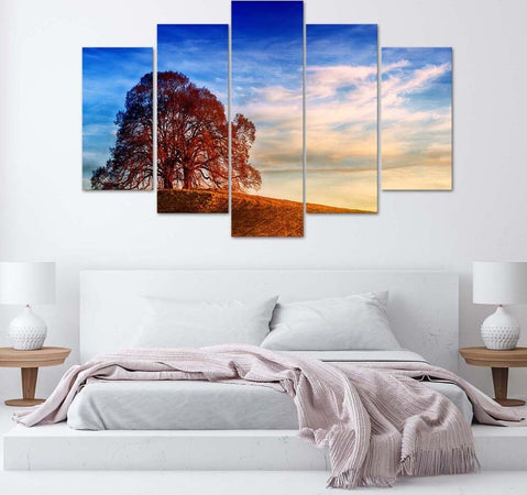 Quadri-Quadro-5-pezzi-Stampa-su-tela-Paesaggio-Albero-Montagne