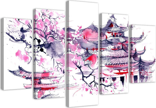 Quadri-Quadro-5-pezzi-Stampa-su-tela-Paesaggio-rosa-giapponese