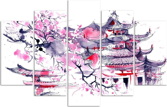 Quadri-Quadro-5-pezzi-Stampa-su-tela-Paesaggio-rosa-giapponese