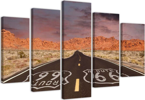 Quadri-Quadro-5-pezzi-Stampa-su-tela-Paesaggio-stradale-della-Route-66