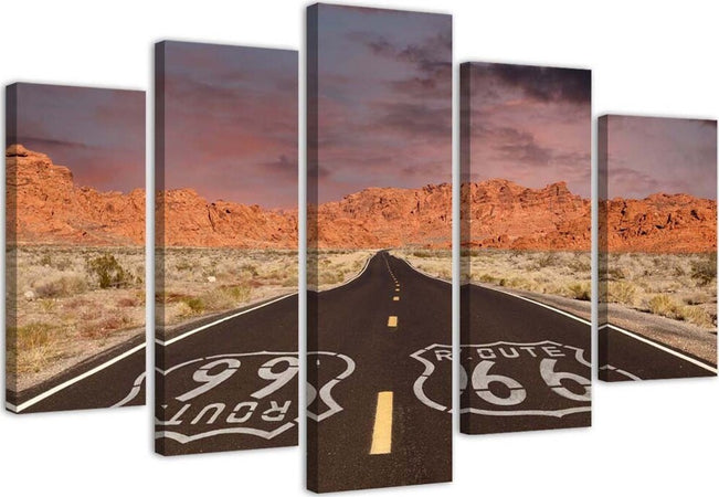 Quadri-Quadro-5-pezzi-Stampa-su-tela-Paesaggio-stradale-della-Route-66