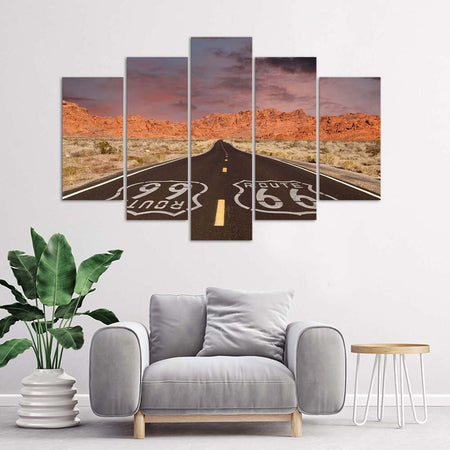 Quadri-Quadro-5-pezzi-Stampa-su-tela-Paesaggio-stradale-della-Route-66