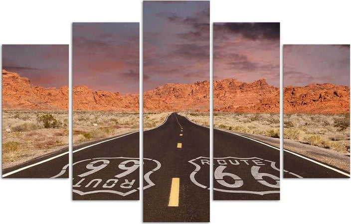 Quadri-Quadro-5-pezzi-Stampa-su-tela-Paesaggio-stradale-della-Route-66