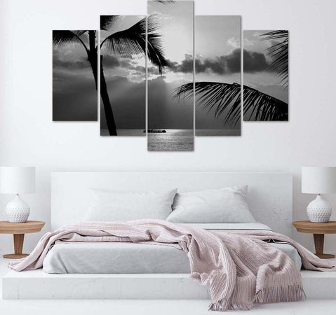 Quadri-Quadro-5-pezzi-Stampa-su-tela-Palma-di-mare-in-bianco-e-nero