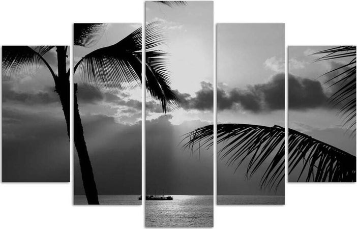 Quadri-Quadro-5-pezzi-Stampa-su-tela-Palma-di-mare-in-bianco-e-nero