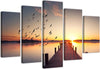 Quadri-Quadro-5-pezzi-Stampa-su-tela-Passerella-Uccelli-al-tramonto