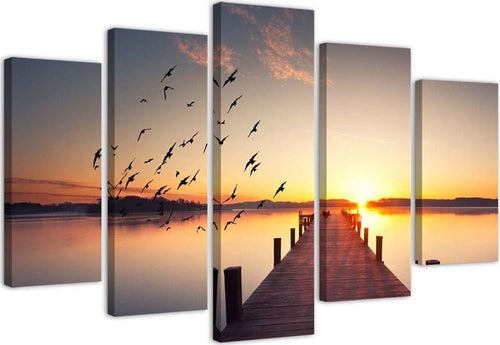 Quadri-Quadro-5-pezzi-Stampa-su-tela-Passerella-Uccelli-al-tramonto
