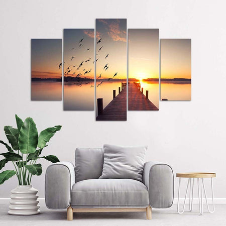 Quadri-Quadro-5-pezzi-Stampa-su-tela-Passerella-Uccelli-al-tramonto