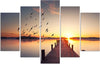 Quadri-Quadro-5-pezzi-Stampa-su-tela-Passerella-Uccelli-al-tramonto