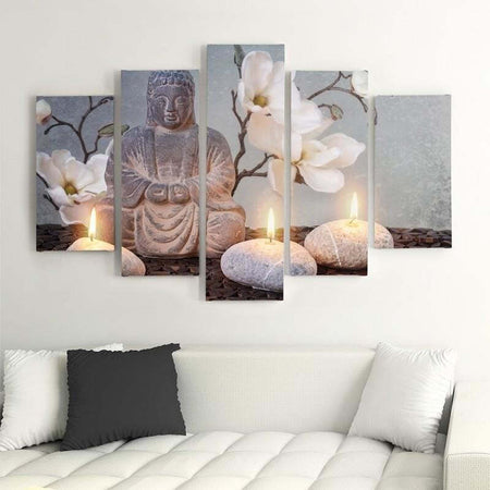 Quadri-Quadro-5-pezzi-Stampa-su-tela-Pietra-di-fiori-grigi-di-Buddha