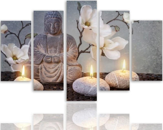 Quadri-Quadro-5-pezzi-Stampa-su-tela-Pietra-di-fiori-grigi-di-Buddha