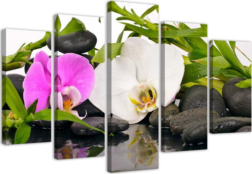Quadri-Quadro-5-pezzi-Stampa-su-tela-Pietre-di-bambù-orchidea