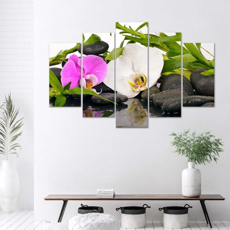 Quadri-Quadro-5-pezzi-Stampa-su-tela-Pietre-di-bambù-orchidea