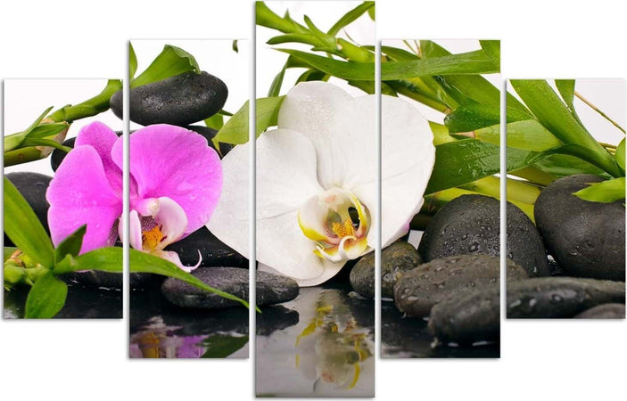 Quadri-Quadro-5-pezzi-Stampa-su-tela-Pietre-di-bambù-orchidea