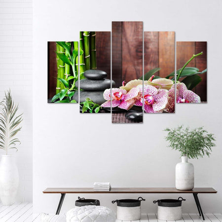 Quadri-Quadro-5-pezzi-Stampa-su-tela-Pietre-di-orchidea-Bambù