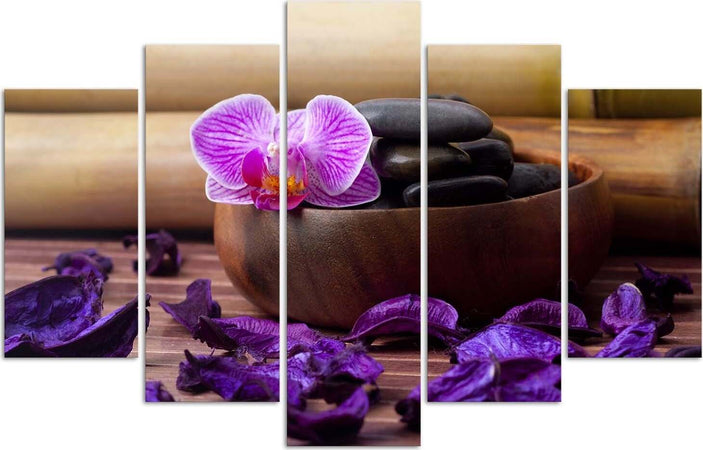 Quadri-Quadro-5-pezzi-Stampa-su-tela-Pietre-termali-Zen-Orchid