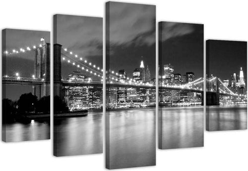 Quadri-Quadro-5-pezzi-Stampa-su-tela-Ponte-di-New-York-in-bianco-e-nero