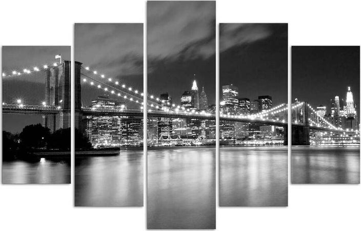 Quadri-Quadro-5-pezzi-Stampa-su-tela-Ponte-di-New-York-in-bianco-e-nero