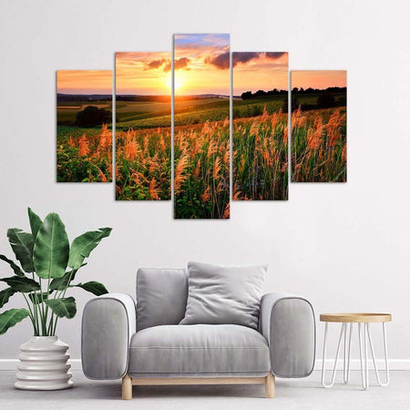 Quadri-Quadro-5-pezzi-Stampa-su-tela-Prato-fiorito-al-tramonto