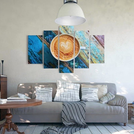 Quadri-Quadro-5-pezzi-Stampa-su-tela-Tazze-da-caffè-in-legno-retrò
