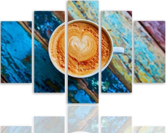 Quadri-Quadro-5-pezzi-Stampa-su-tela-Tazze-da-caffè-in-legno-retrò