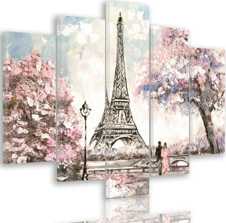 Quadri-Quadro-5-pezzi-Stampa-su-tela-Torre-Eiffel-di-Parigi-pastello