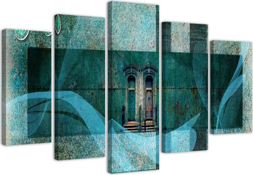 Quadri-Quadro-5-pezzi-Stampa-su-tela-Windows-Abstraction-Turquoise