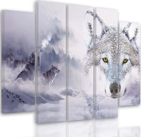 Quadri-Quadro-5-pezzi-Stampa-su-tela-Wolf-Fog-Forest-Grey