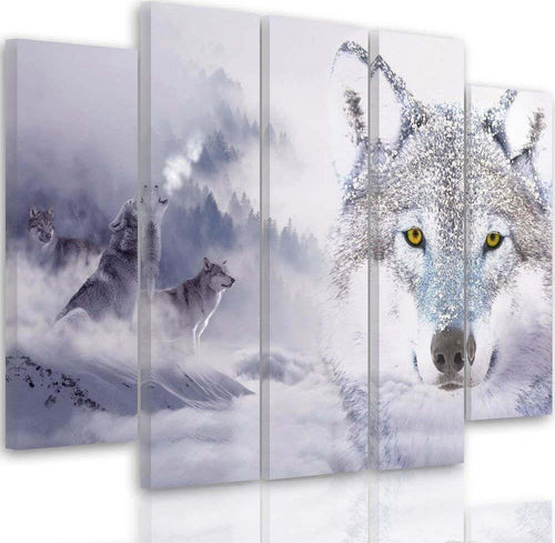Quadri-Quadro-5-pezzi-Stampa-su-tela-Wolf-Fog-Forest-Grey