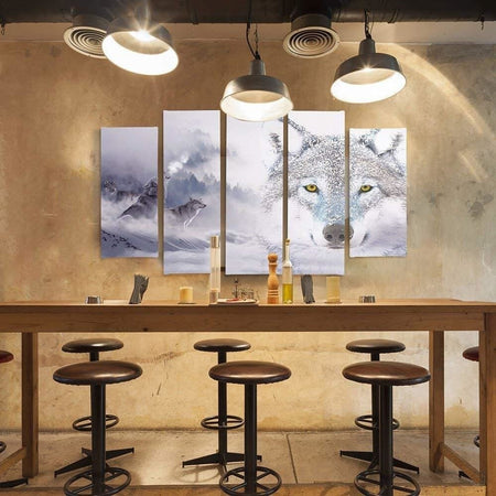 Quadri-Quadro-5-pezzi-Stampa-su-tela-Wolf-Fog-Forest-Grey