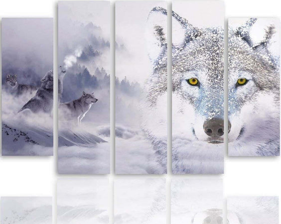 Quadri-Quadro-5-pezzi-Stampa-su-tela-Wolf-Fog-Forest-Grey
