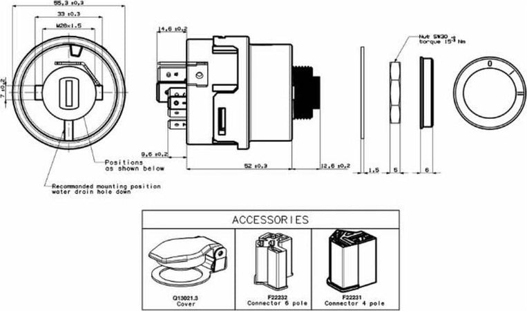 Quadro d’avviamento per trattori Ø 26,5mm 3 posizioni IP65 Confezione da 1pz