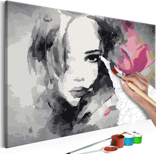 Quadro-fai-da-te-Ritratto-in-bianco-e-nero-con-fiore-rosa