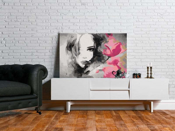 Quadro-fai-da-te-Ritratto-in-bianco-e-nero-con-fiore-rosa