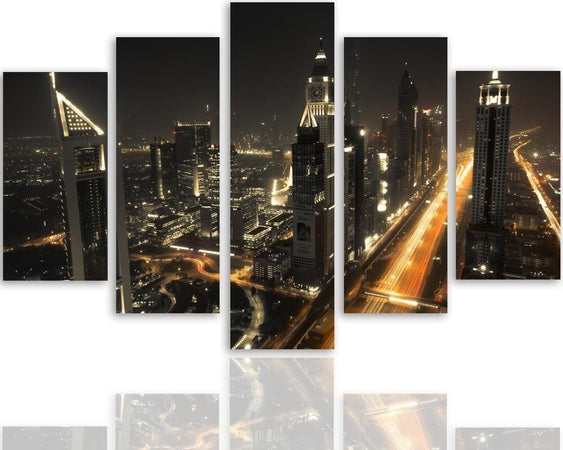 Quadro-Multipannello-Dubai-di-notte,-panorama-della-città