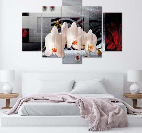 Quadro-Multipannello-Orchidea-e-sfondo-geometrico