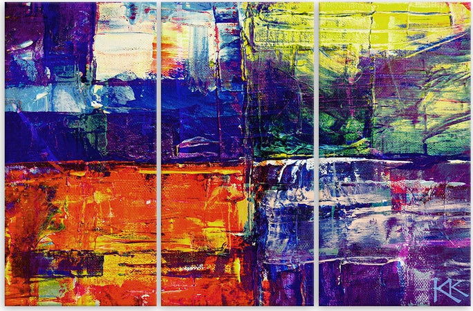 Quadro-su-tela-3-pannelli,-Abstrazione-dipinta-a-mano-colorata