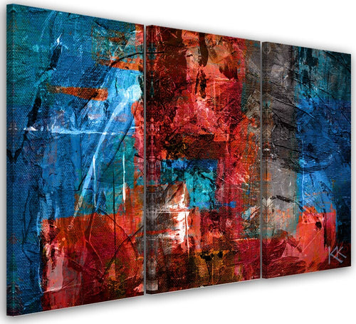 Quadro-su-tela-3-pannelli,-Abstrazione-dipinta-a-mano-rossa