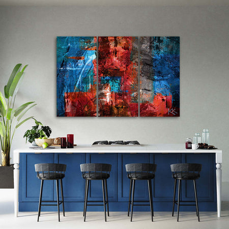Quadro-su-tela-3-pannelli,-Abstrazione-dipinta-a-mano-rossa